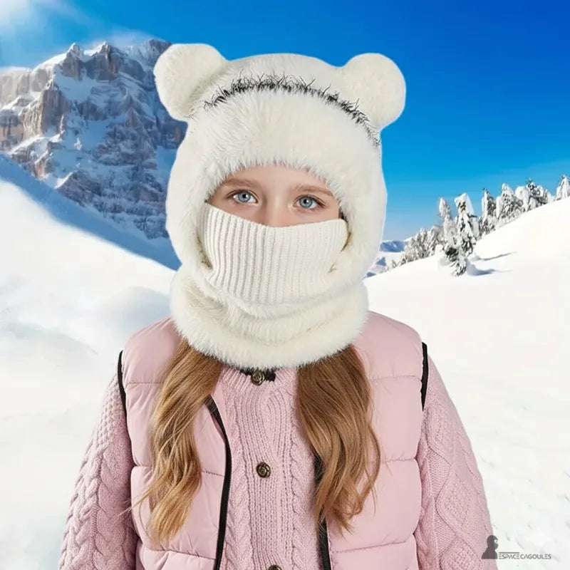Balaclava for a white girl with a raised hood with knitted muffler, snowy mountain background, optimal protection â Espace Cagoules