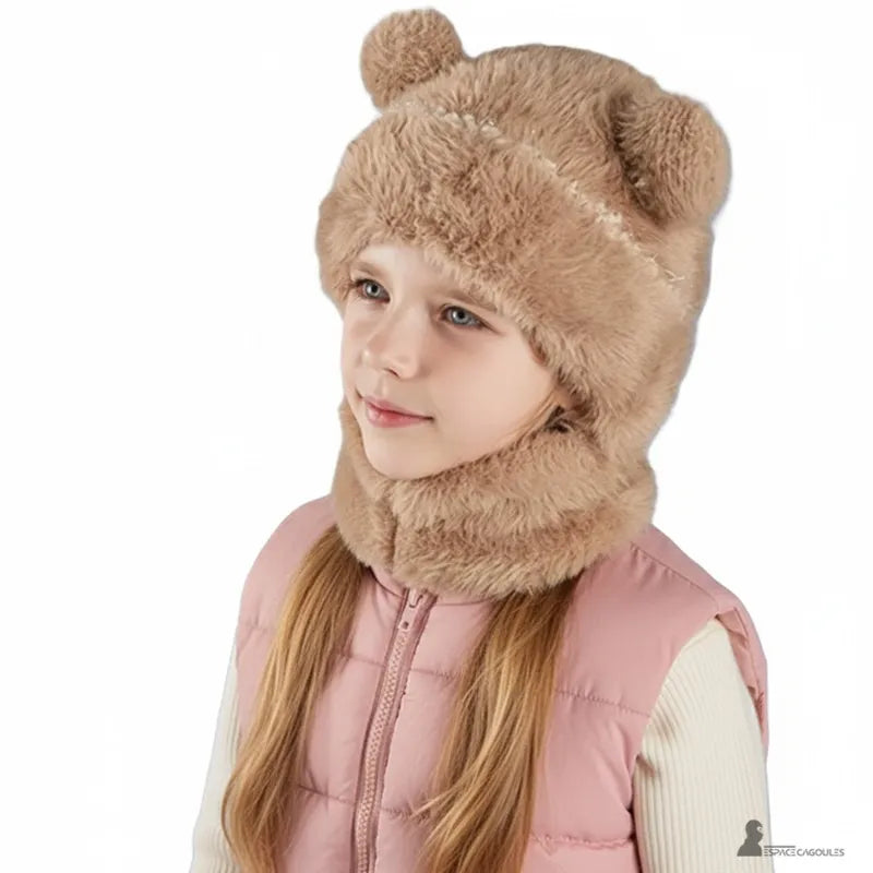 Khaki girls' balaclava in fluffy fur, lowered carry, warmth and softness for winter outings â Espace Cagoules