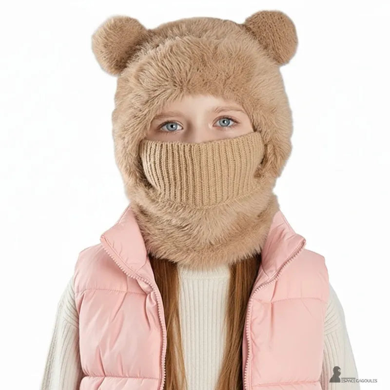 Khaki girls' balaclava with pulled up muffler, perfect for facing the cold outdoors â Espace Cagoules