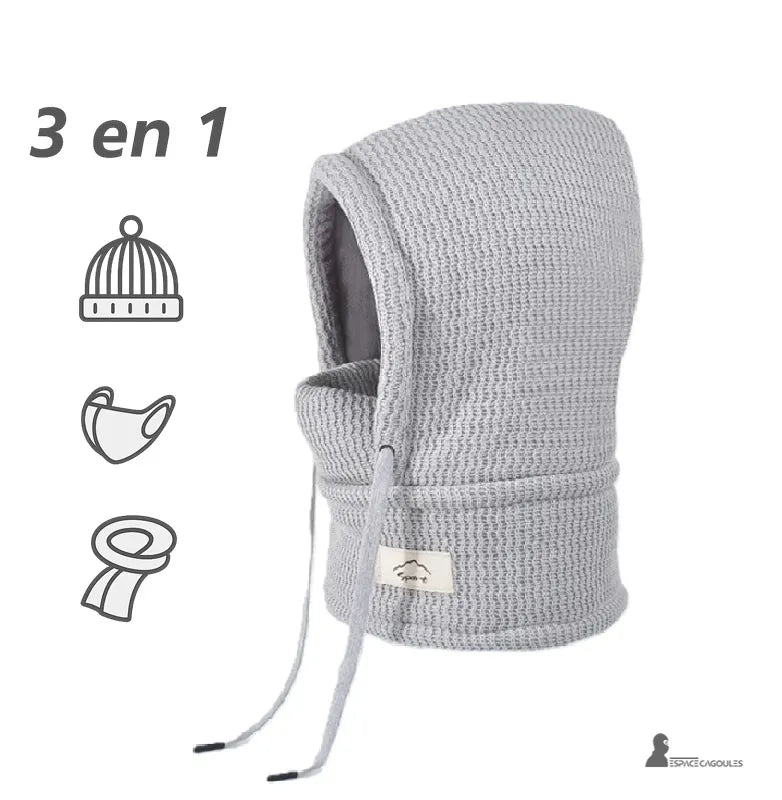 Cagoule enfant hiver avec tour de cou gris clair tricoté en version 3 en 1 bonnet écharpe et cache-nez présentée sur fond blanc