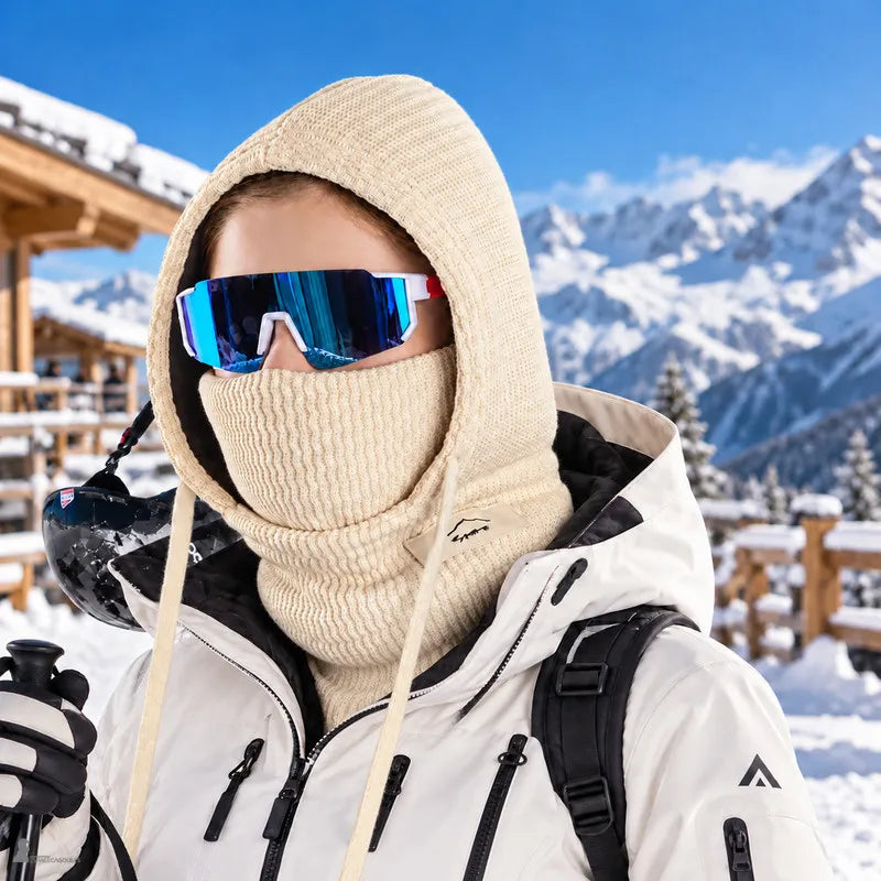 Enfant en veste de ski blanche portant la cagoule beige masque relevé, lunettes de ski et casque à la main devant les sommets enneigés - Espace Cagoules
