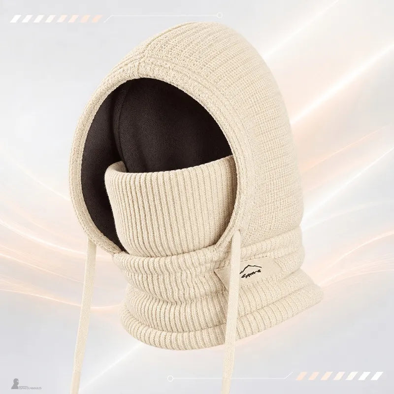 Cagoule enfant hiver beige en maille côtelée avec doublure polaire noire et tour de cou intégré - Espace Cagoules