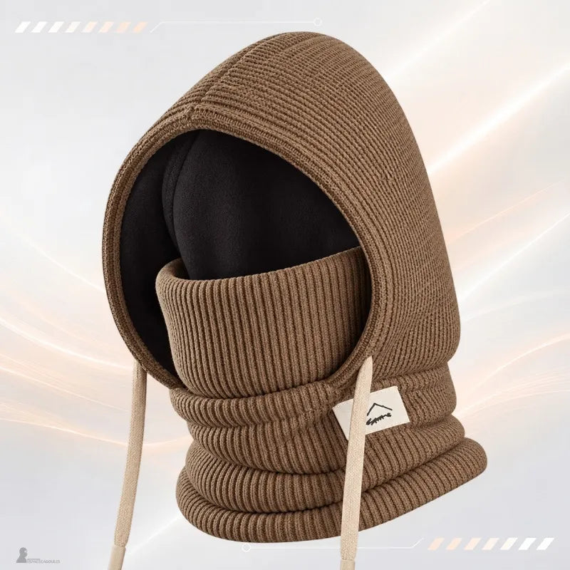 Cagoule enfant hiver couleur café en maille côtelée avec cordons beiges et doublure polaire noire - Espace Cagoules