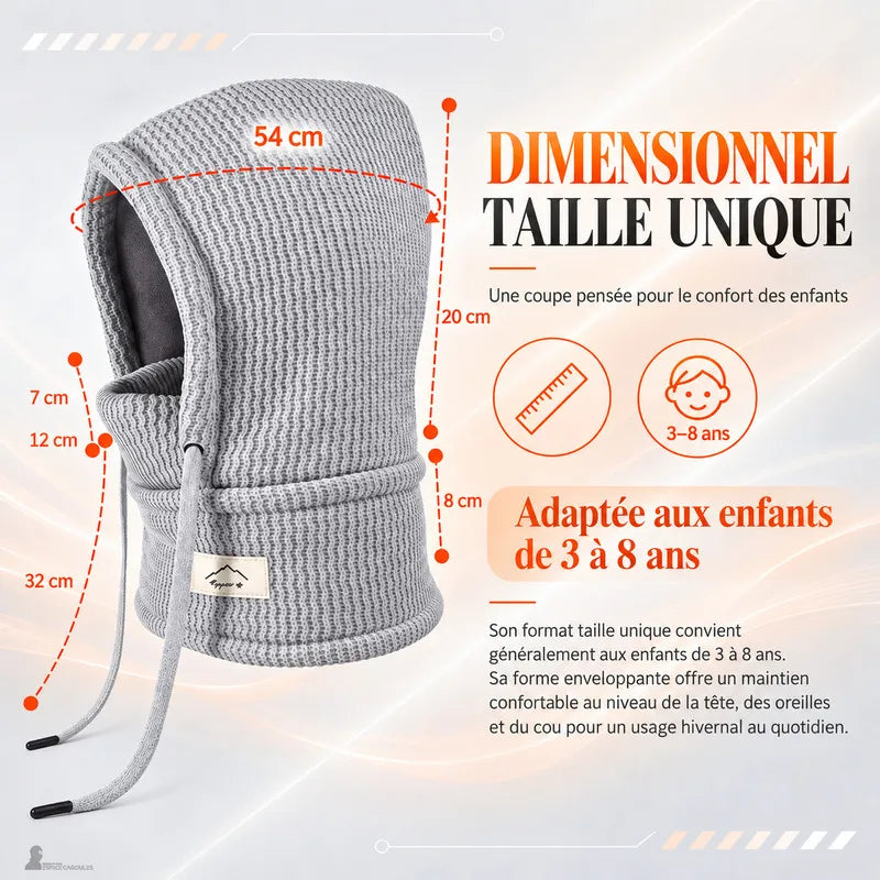 Schéma des dimensions de la cagoule enfant hiver Ptigloo, taille unique 54 cm de tour de capuche, adaptée de 3 à 8 ans - Espace Cagoules