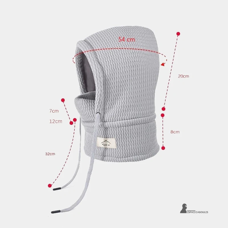 Cagoule enfant hiver avec tour de cou gris clair présentée avec les dimensions en centimètres sur fond blanc