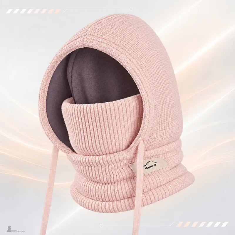 Cagoule enfant hiver rose pâle en maille côtelée, doublure polaire grise et masque relevé - Espace Cagoules