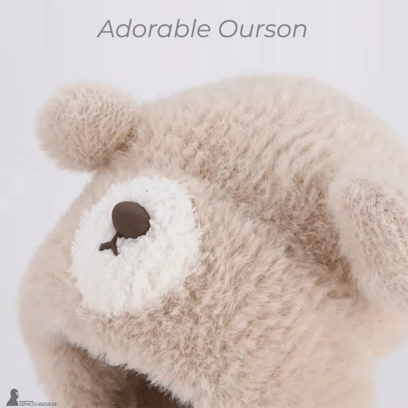 Full face balaclava for children with bear hood and decorative ears, close-up view of the face and decorative details - Espace Cagoules