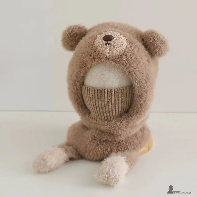 Children's balaclava coffee, full shape with mesh knit mouth area, product view on neutral background in beige color - Espace Cagoules.