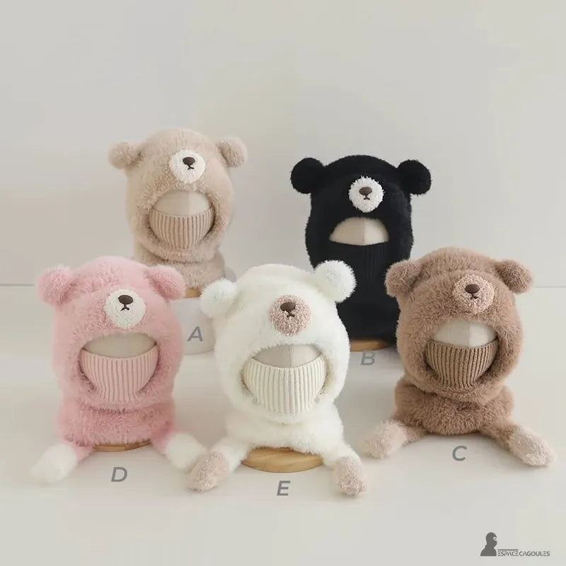 Full hooded balaclava for children in bear shape, comparative view of the different available colors on a neutral background - Espace Cagoules