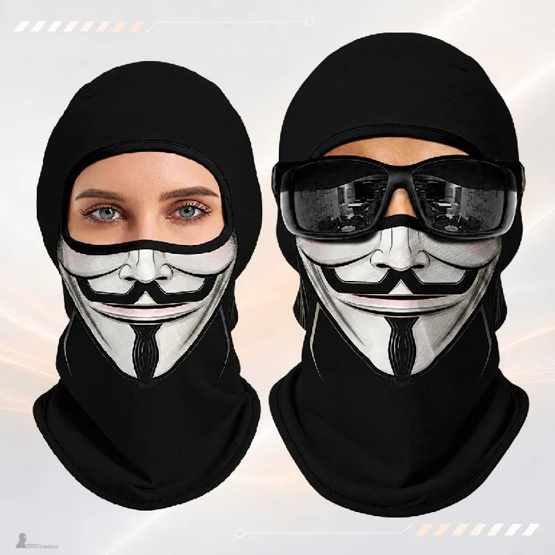 Cagoule fantaisie Comik noire à imprimé masque blanc moustachu, portée avec et sans lunettes de soleil - Espace Cagoules