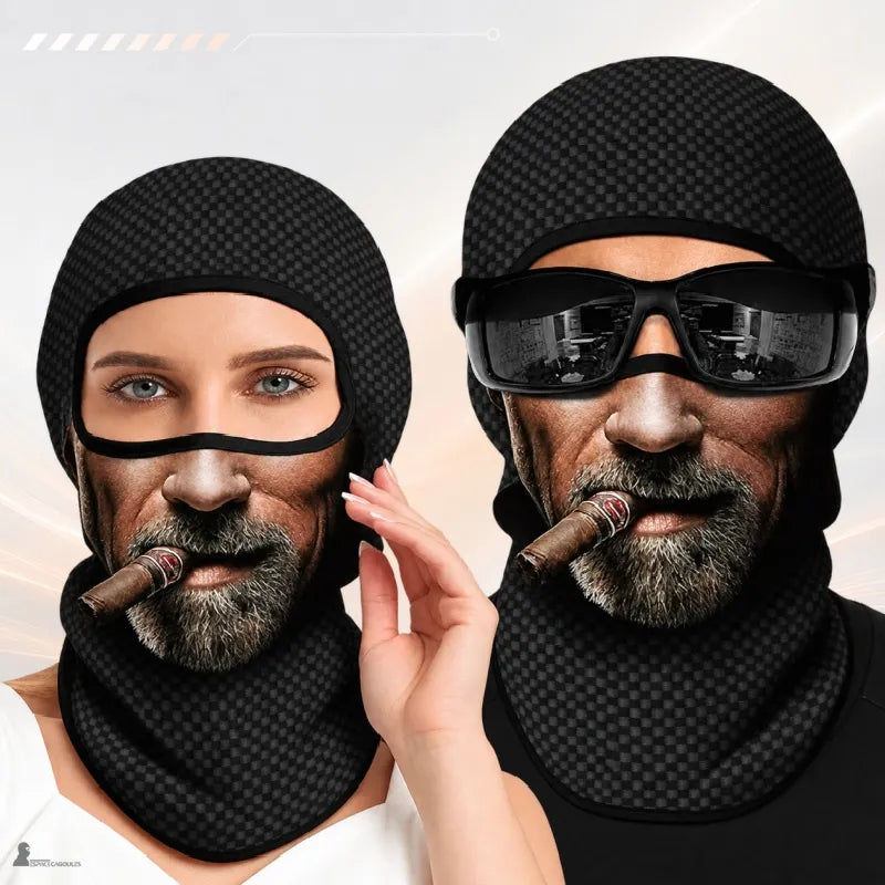 Femme et homme à lunettes de soleil portant chacun la cagoule fantaisie Havane à motif de barbu au cigare - Espace Cagoules