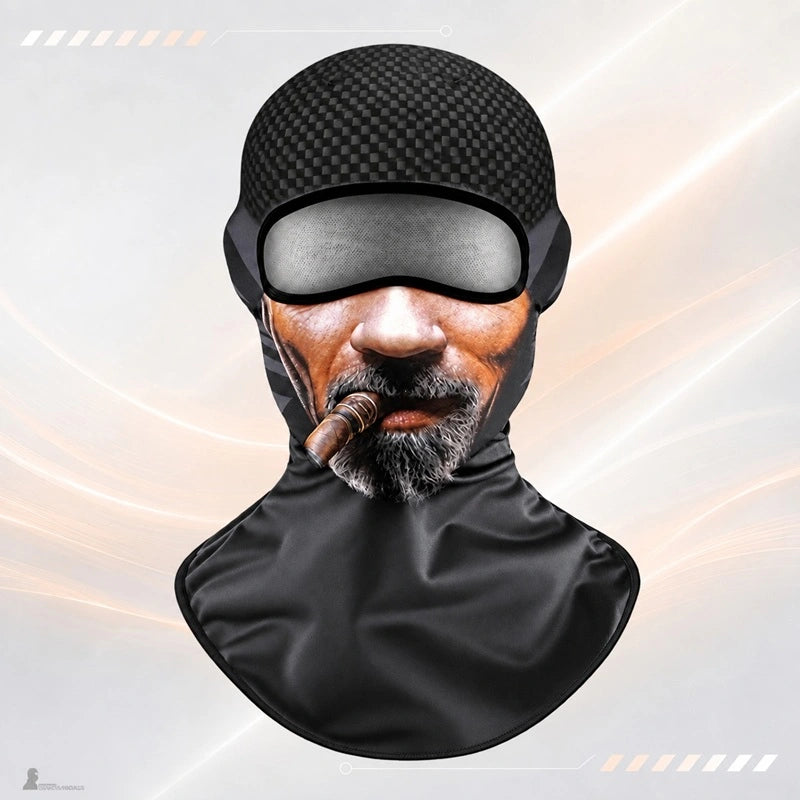 Cagoule fantaisie Havane vue de face : visage de barbu au cigare imprimé et plastron long noir - Espace Cagoules