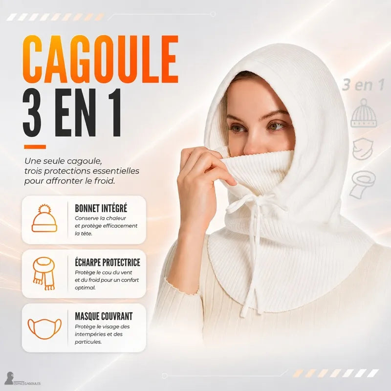 Femme portant la cagoule blanche à tour de cou intégré, remontant le col sur son visage pour illustrer le concept 3-en-1 bonnet, écharpe et masque - Espace Cagoules