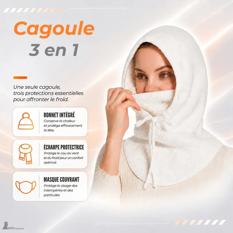 Visuel 3-en-1 d'une cagoule femme blanche à capuche : bonnet intégré, écharpe protectrice et masque couvrant le bas du visage - Espace Cagoules