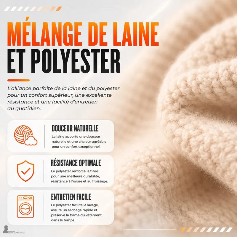 Gros plan sur la maille de la cagoule femme beige illustrant le mélange laine et polyester, doux et résistant - Espace Cagoules