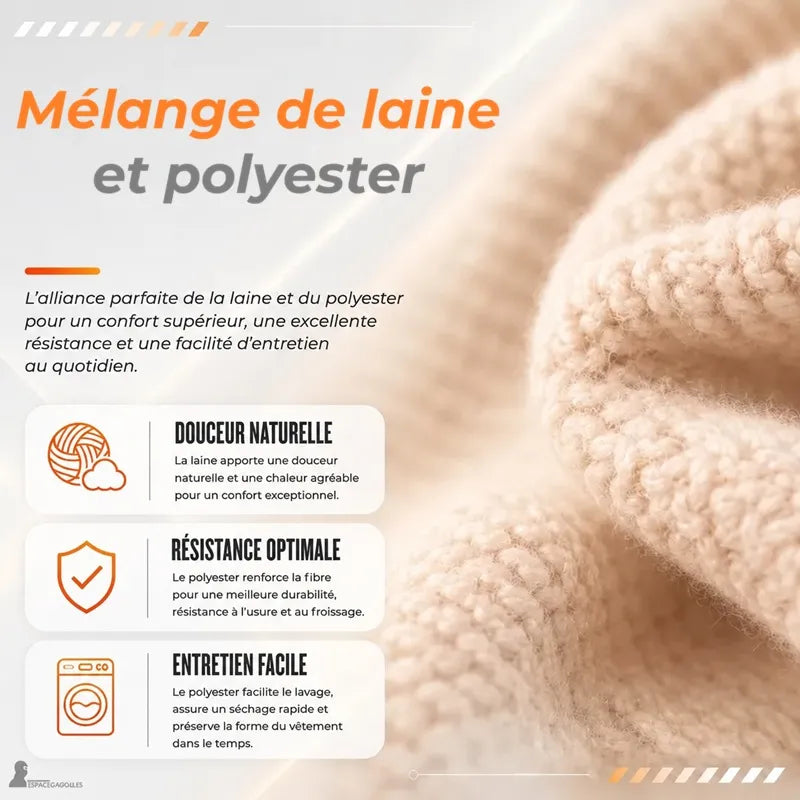 Infographie composition mélange de laine et polyester d'une cagoule femme : douceur naturelle, résistance et entretien facile - Espace Cagoules