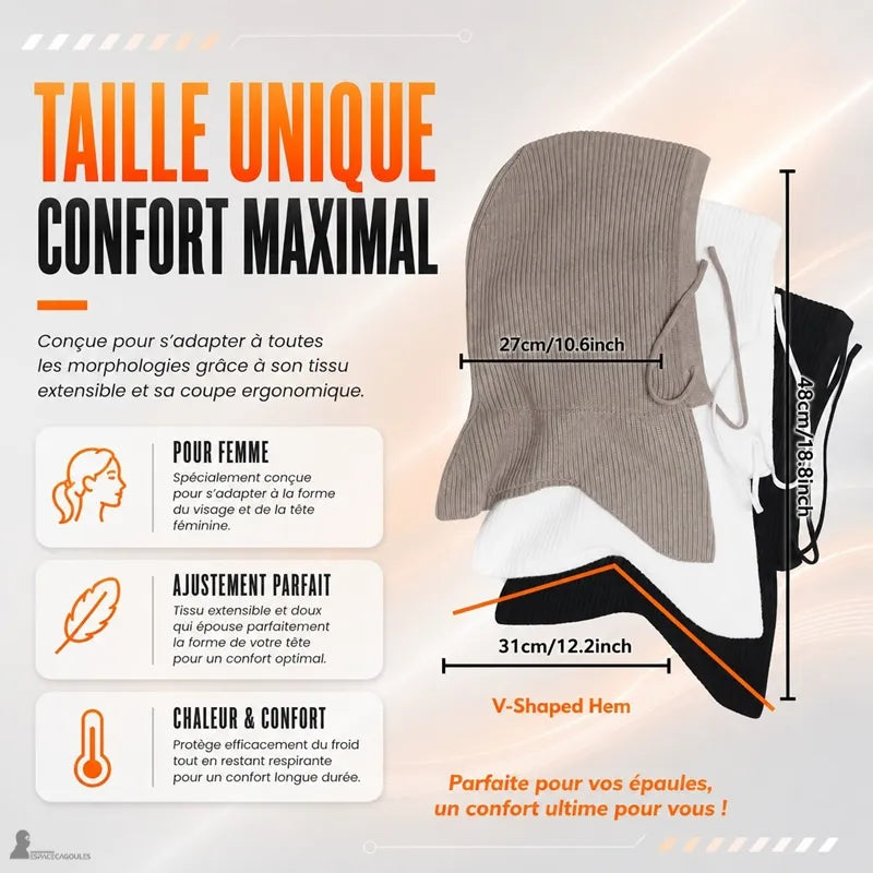 Schéma des dimensions de la cagoule femme taille unique, empilée en camel, blanc et noir, avec ourlet en V et mesures 27 cm, 48 cm et 31 cm - Espace Cagoules