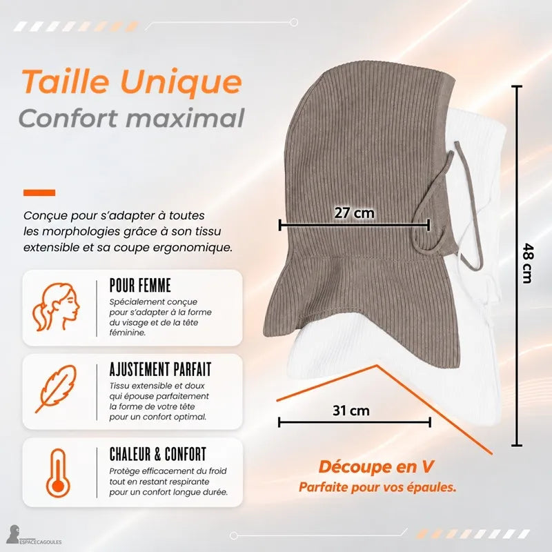 Schéma des dimensions de la cagoule femme taille unique : largeur 27 cm, hauteur 48 cm, base 31 cm et découpe en V pour les épaules - Espace Cagoules