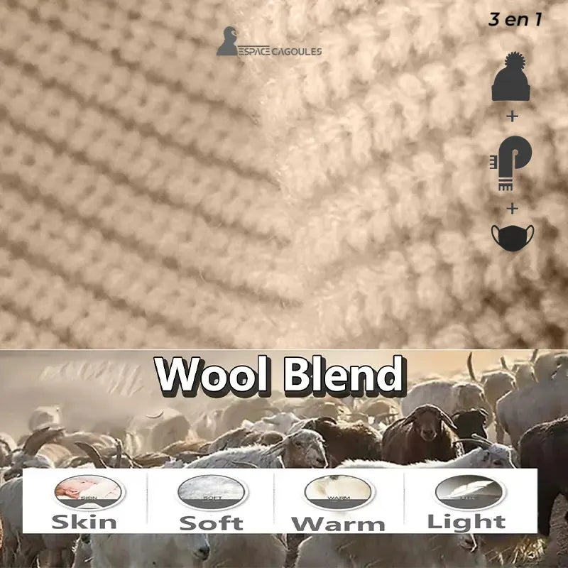 Cagoule Femme avec tour de cou intégré en maille camel, gros plan sur la texture tricotée et illustration des avantages douceur, chaleur et légèreté