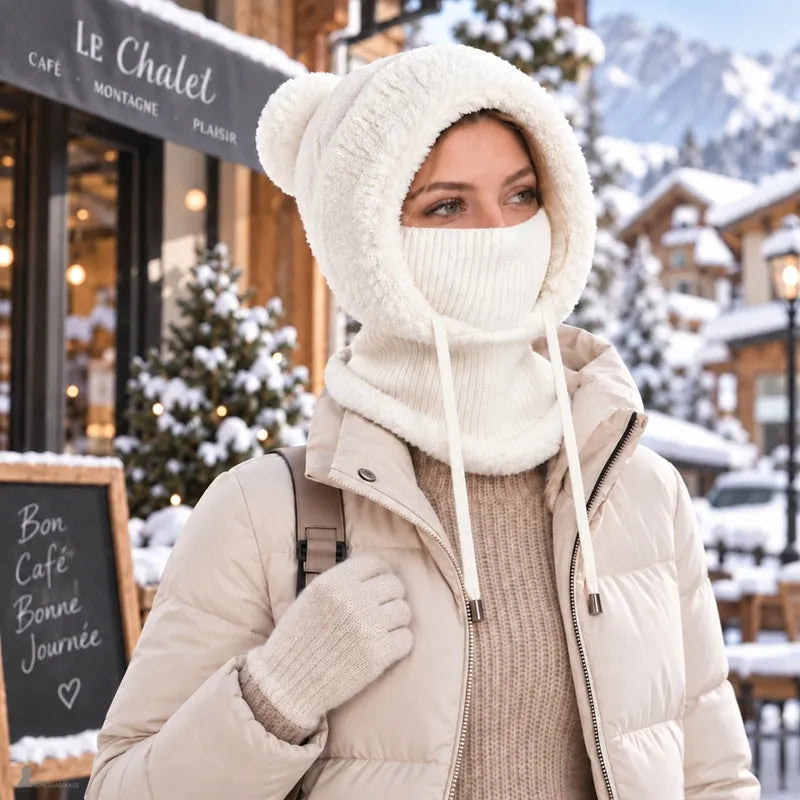 Cagoule femme blanche 3-en-1 Bella portée masque relevé en station de ski, capuche tricotée bordée fourrure et cordon - Espace Cagoules