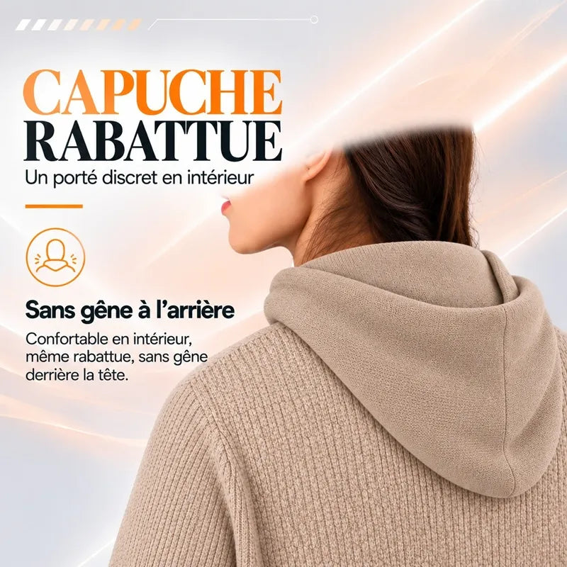 Cagoule femme camel portée capuche rabattue dans le dos, vue de derriÚre sur cheveux bruns