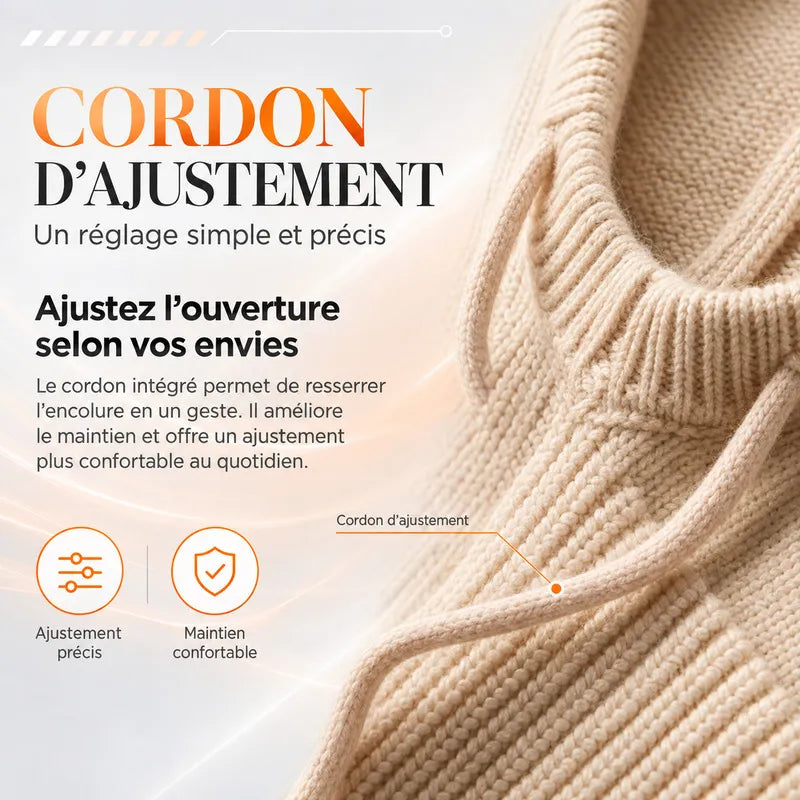 Détail du cordon d'ajustement en maille sur une cagoule femme camel, encolure resserrable