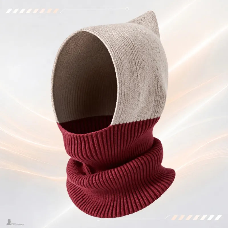 Elisa chic women's balaclava in taupe and burgundy with pointed taupe hood and burgundy neck warmer - Espace Cagoules