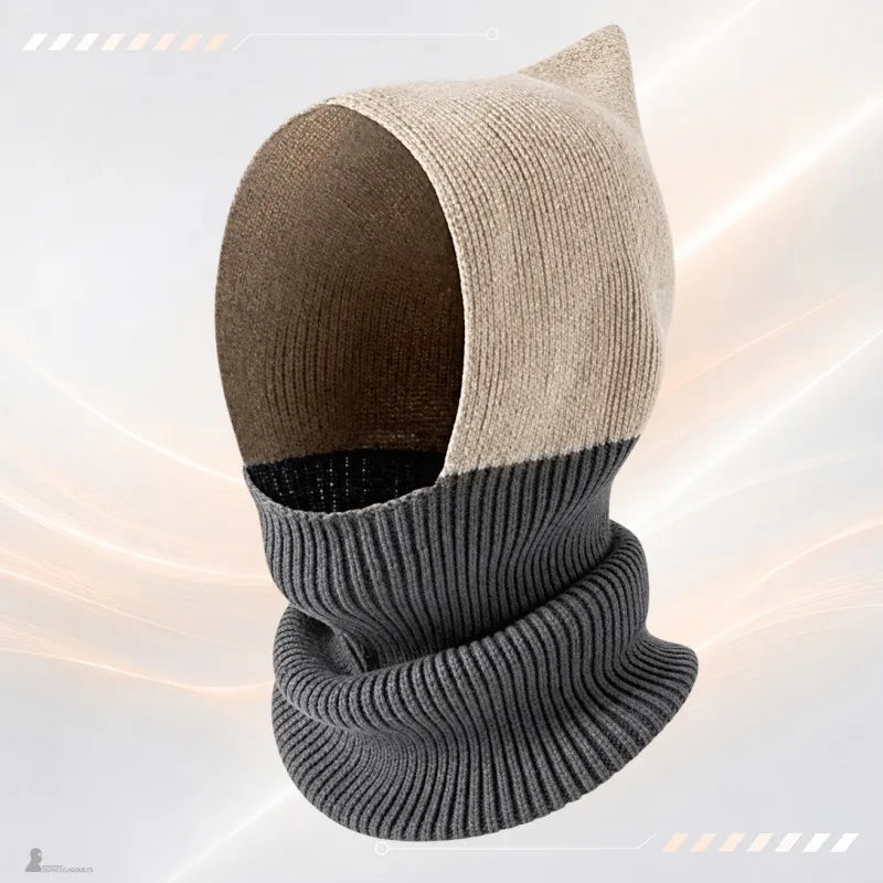 Elisa two-tone beige and grey chic women's balaclava with pointed hood and knitted neck warmer - Espace Cagoules