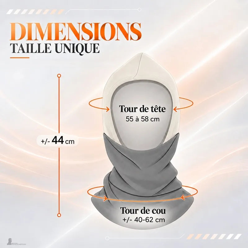 Elisa balaclava size diagram: 44 cm height, 55 to 58 cm head circumference, 40 to 62 cm neck circumference - Espace Cagoules