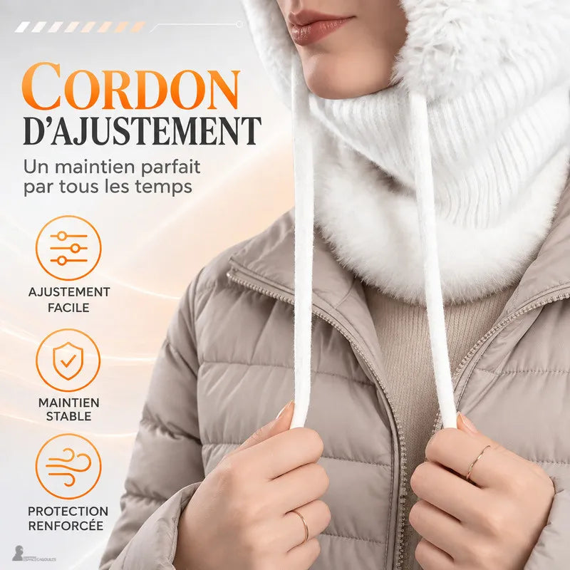 Gros plan sur le cordon d'ajustement à embouts métalliques de la cagoule femme Bella, maintien réglable autour du visage - Espace Cagoules