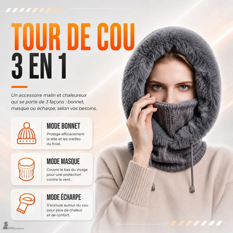 Mujer con capucha de piel gris, subiendo el cuello de punto sobre su rostro para ilustrar las modas de gorro, máscara y bufanda - Espace Cagoules.
