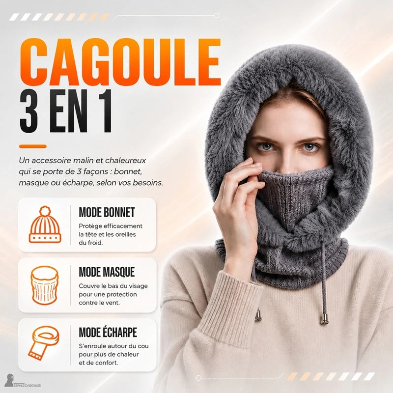 Infographie de la cagoule femme fourrure grise montrant ses trois modes de port : bonnet, masque et écharpe - Espace Cagoules