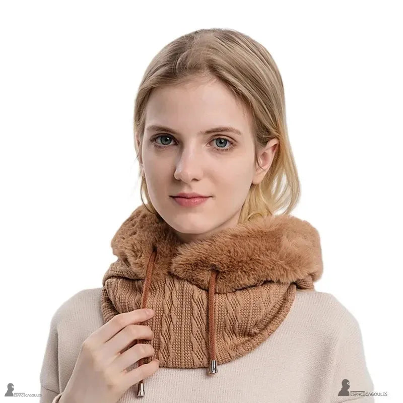 Pasamontañas de piel de caramelo para mujer, vista frontal interior, modelo 3 en 1 con capucha cálida y cuello de punto levantado - Espace Cagoules