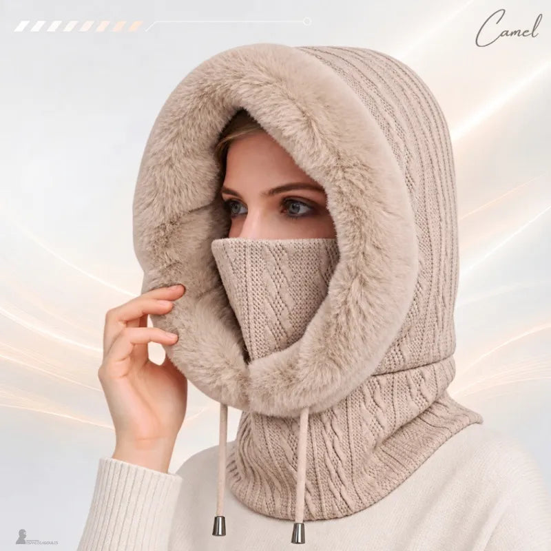 Cagoule femme fourrure camel, capuche en tricot torsadé beige bordée de fausse fourrure, masque relevé sur le nez - Espace Cagoules