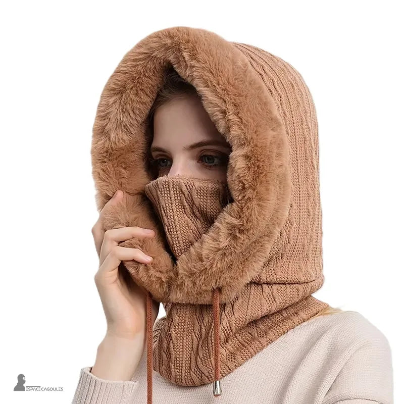 Damen-Kapuze aus Karamell-Fell, mit verstellbarem Kapuzen und gestrickter Maske, die den unteren Teil des Gesichts bedeckt, warmes Modell für den Winter - Espace Cagoules
