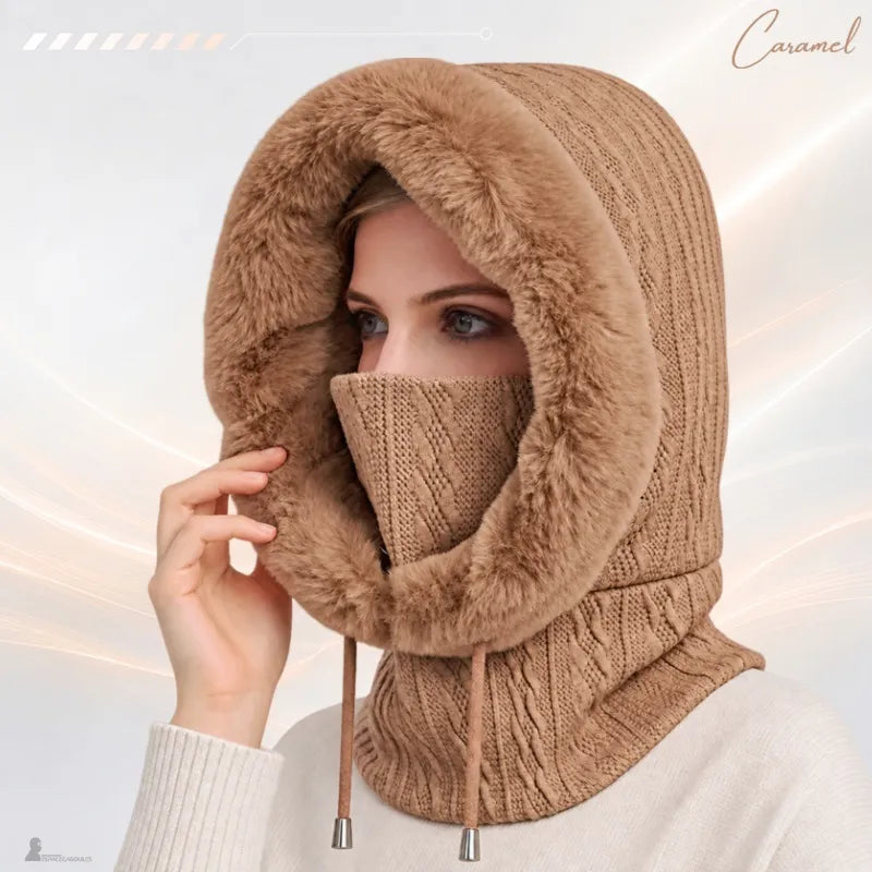 Cagoule femme fourrure caramel, masque tricoté remonté sur le nez, capuche bordée de fausse fourrure couleur caramel - Espace Cagoules