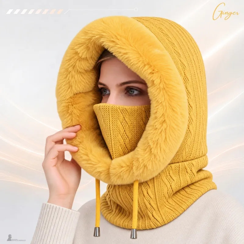 Cagoule femme fourrure jaune moutarde, masque relevé et capuche en tricot torsadé bordée de fausse fourrure jaune - Espace Cagoules