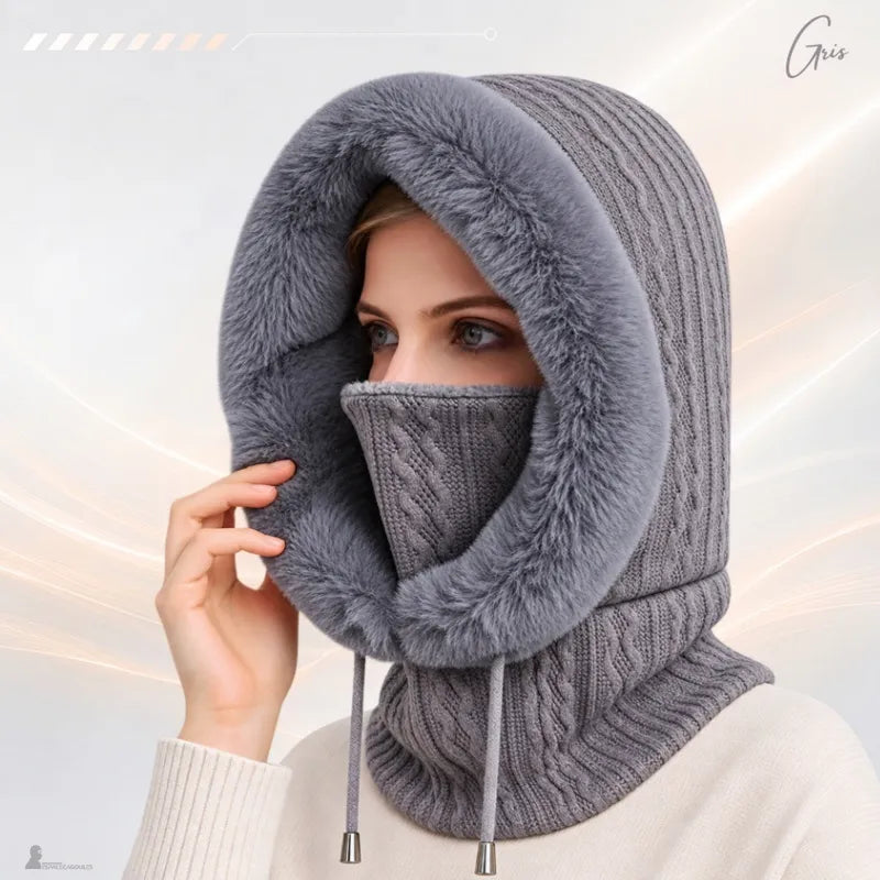 Cagoule femme fourrure grise, masque tricoté relevé, doublure polaire visible au bord et capuche bordée de fausse fourrure - Espace Cagoules