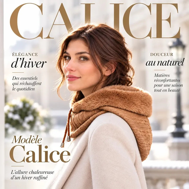 Femme portant la cagoule fourrure caramel capuche baissée sur les épaules en mode col, visuel couverture de magazine Calice - Espace Cagoules