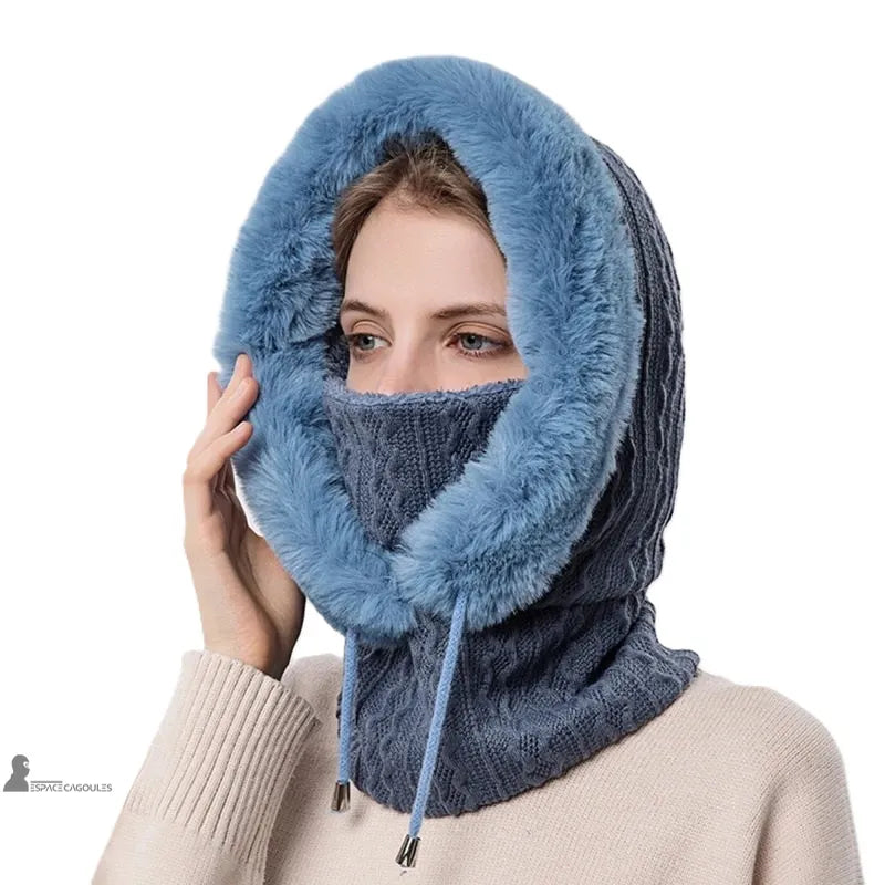 Damen-Mütze aus marineblauem Fell, warme Kapuze und passender Strickmaske für drinnen, umhüllender Winter-Schutz - Cagoules Raum