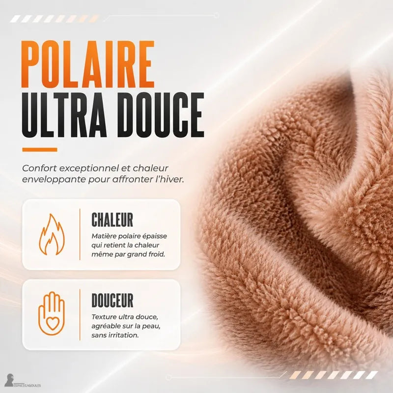 Passamontañas mujer de piel sintética, zoom en el material, primer plano de la tela polar beige que ilustra suavidad, calidez y confort 3 en 1 - Espacio Cagoules.