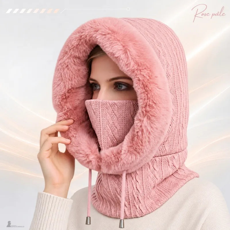 Cagoule femme fourrure rose pâle, masque tricoté couvrant le nez, capuche bordée de fausse fourrure et cordons de serrage - Espace Cagoules