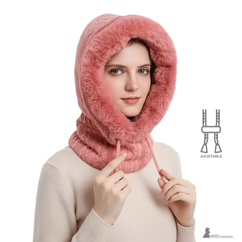 Dunkelrosa Damenhaube aus Fell, verstellbare offene Kapuze, sichtbares Strickmaterial und weicher Rand - Cagoules Raum