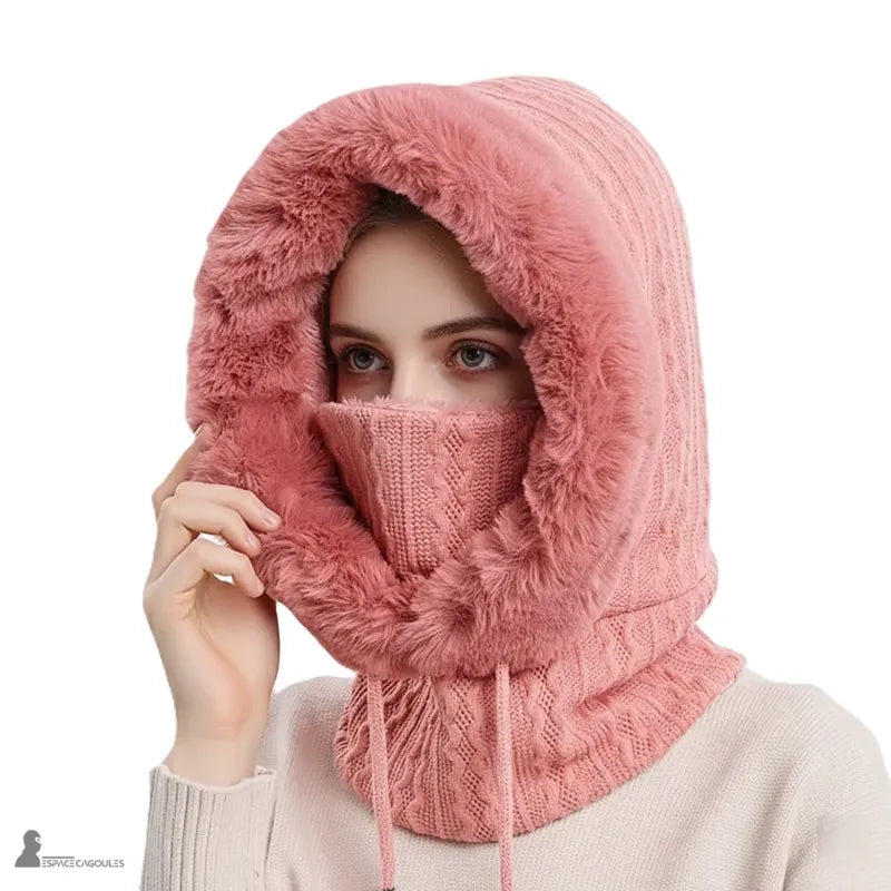 Dunkelrosa Damenhaube aus Fell, warme Kapuze mit gestrickter Maske, die das Gesicht bedeckt, schützendes Wintermodell - Cagoules Raum