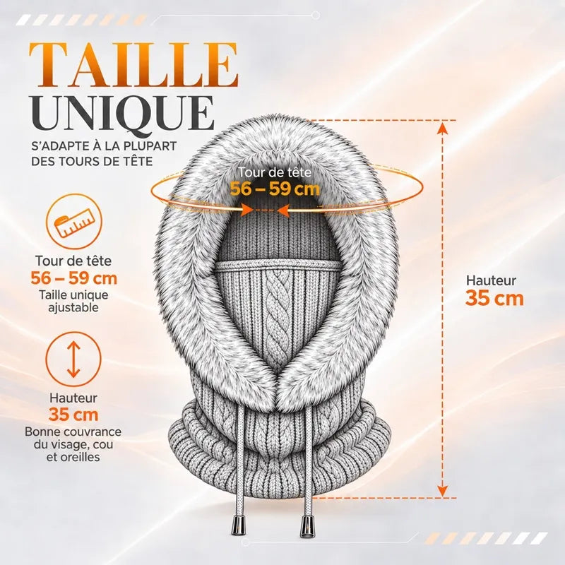 Schéma de la cagoule femme fourrure avec ses dimensions : tour de tête 56 à 59 cm et hauteur 35 cm, taille unique - Espace Cagoules