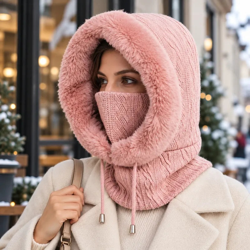 Femme dans une rue enneigée portant une cagoule rose en tricot torsadé, capuche bordée de fausse fourrure et masque remonté sur le nez - Espace Cagoules