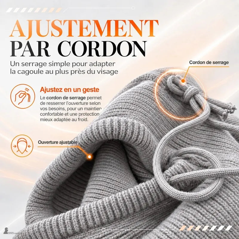 Gros plan sur la maille gris clair de la cagoule Silverine montrant le cordon de serrage noué et l'ouverture ajustable du visage - Espace Cagoules