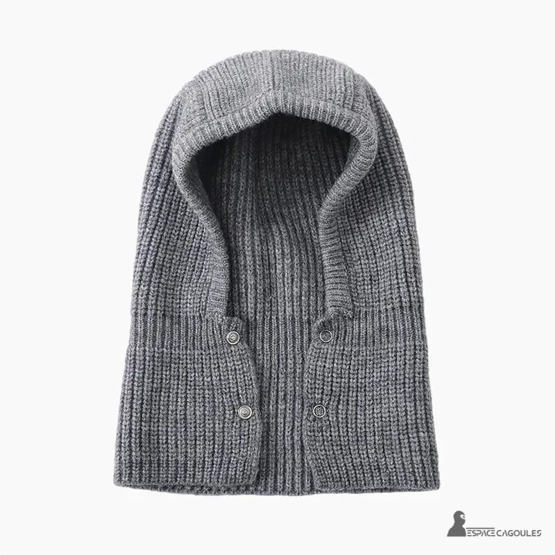 Cagoule Femme Grise vue de dos à plat, présentant un design en maille épaisse