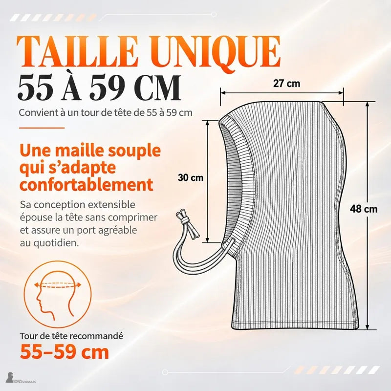 Schéma de la cagoule Silverine avec ses dimensions : 48 cm de haut, 27 cm de large, ouverture de 30 cm, pour un tour de tête de 55 à 59 cm - Espace Cagoules