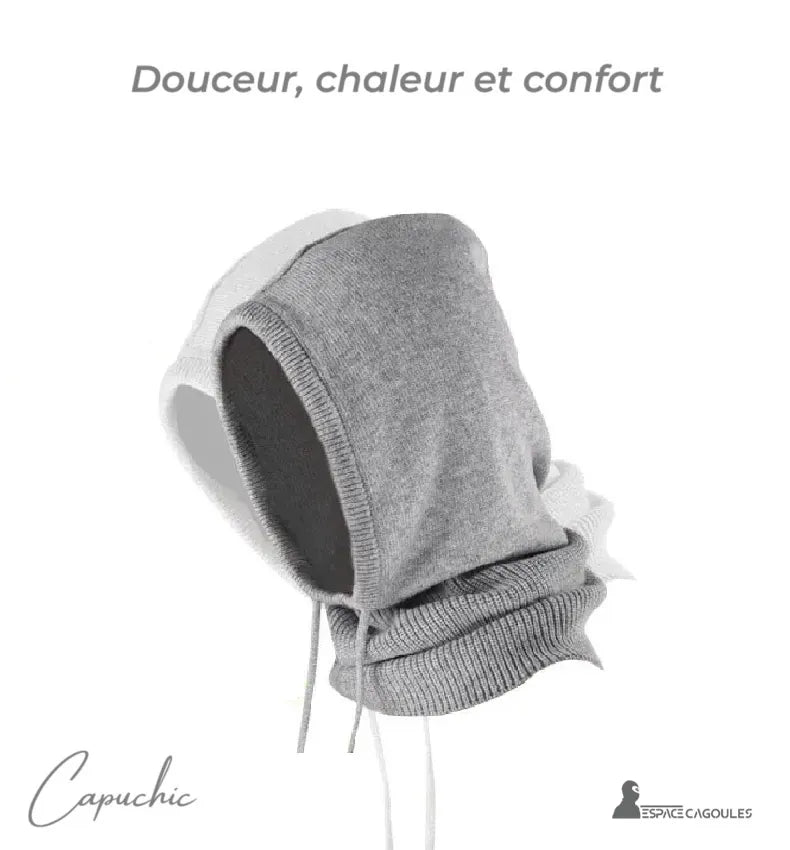 Cagoule femme hiver noire grise mise en avant avec le texte douceur chaleur et confort